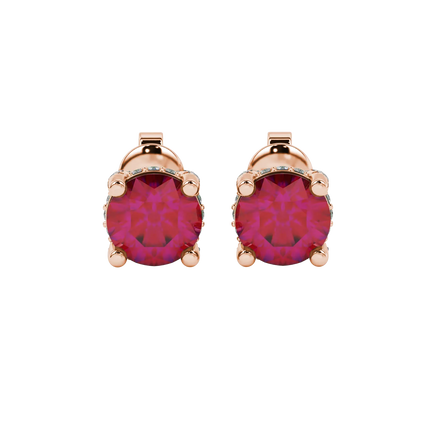 Round-cut raspberry red gemstone stud earrings in a rose gold pavé basket diamond setting