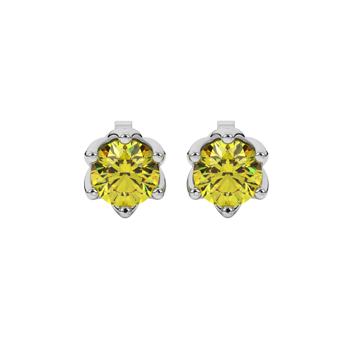 Round-cut canary yellow gemstone stud earrings in a white gold scalloped six-prong setting