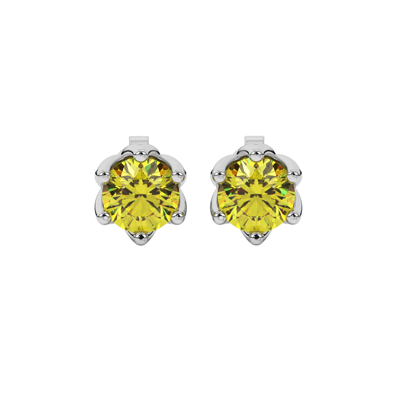 Round-cut canary yellow gemstone stud earrings in a white gold scalloped six-prong setting
