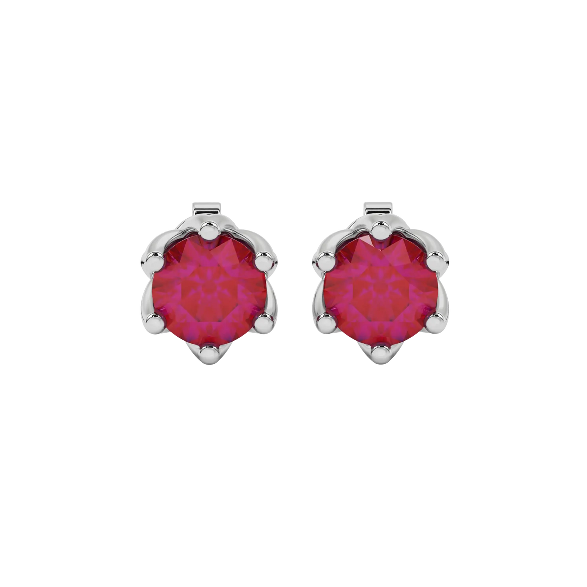 Round-cut raspberry red gemstone stud earrings in a white gold scalloped six-prong setting.