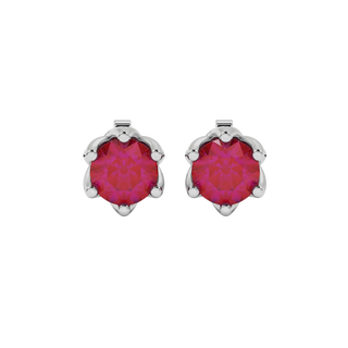 Round-cut raspberry red gemstone stud earrings in a white gold scalloped six-prong setting.