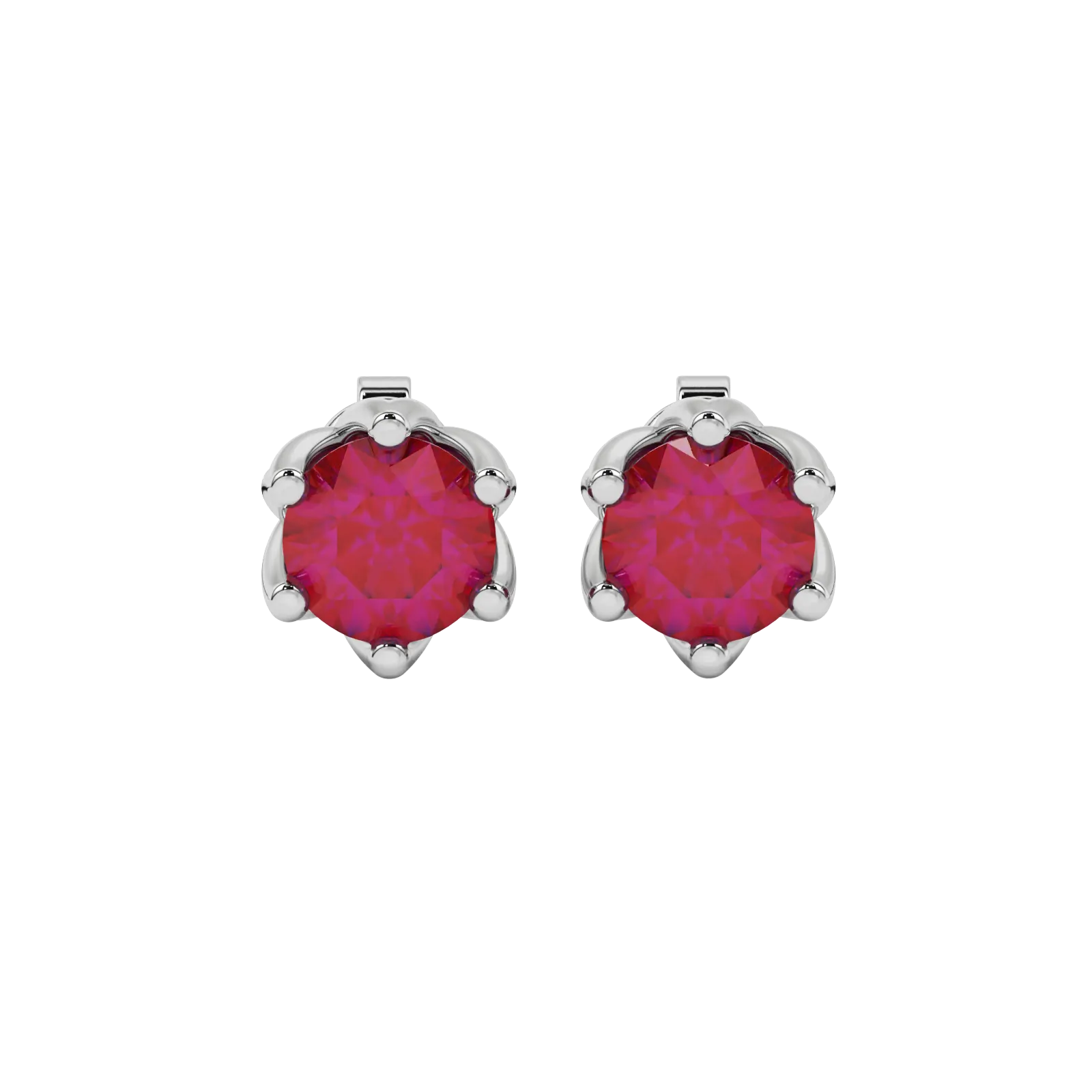 Round-cut raspberry red gemstone stud earrings in a white gold scalloped six-prong setting.