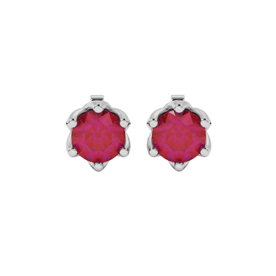 Round-cut raspberry red gemstone stud earrings in a white gold scalloped six-prong setting.