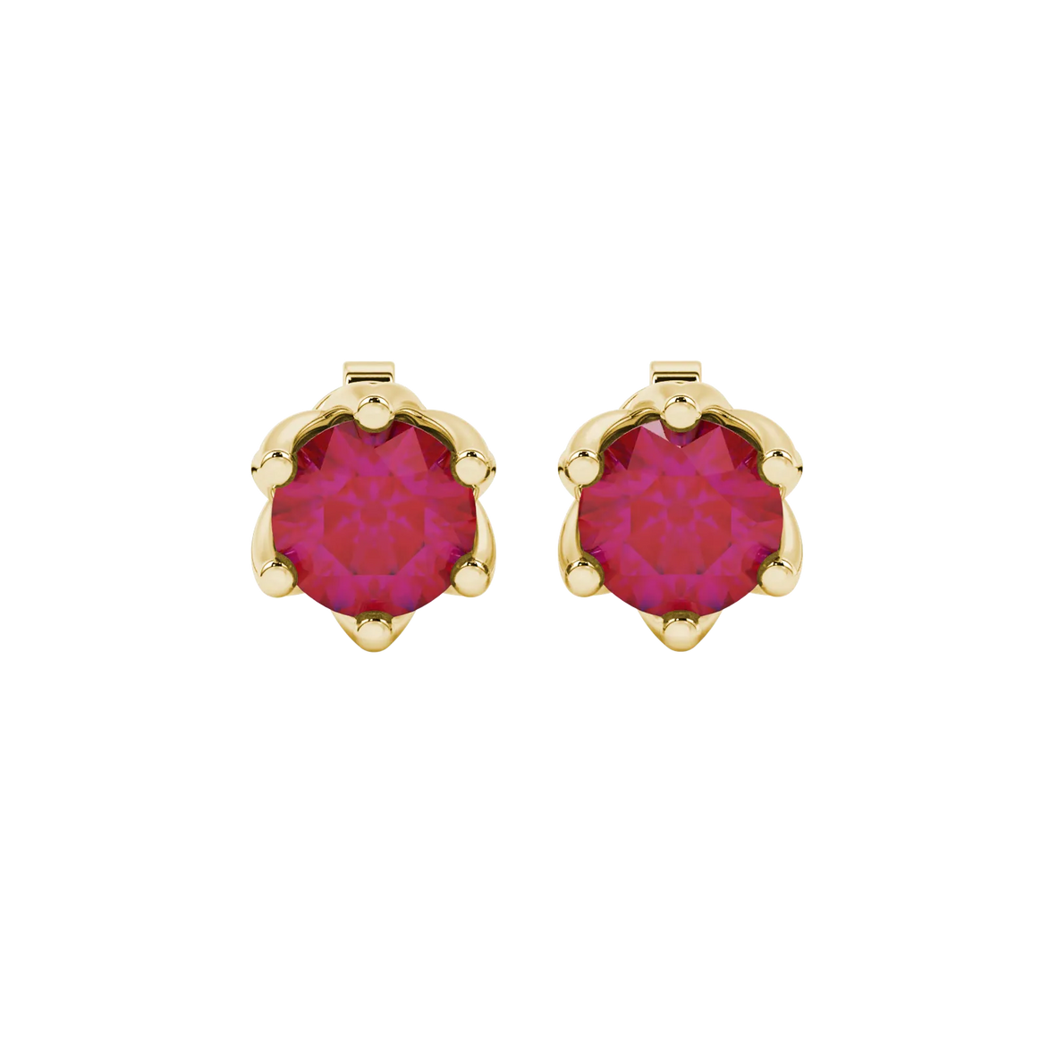 Round-cut raspberry red gemstone stud earrings in a yellow gold scalloped six-prong setting