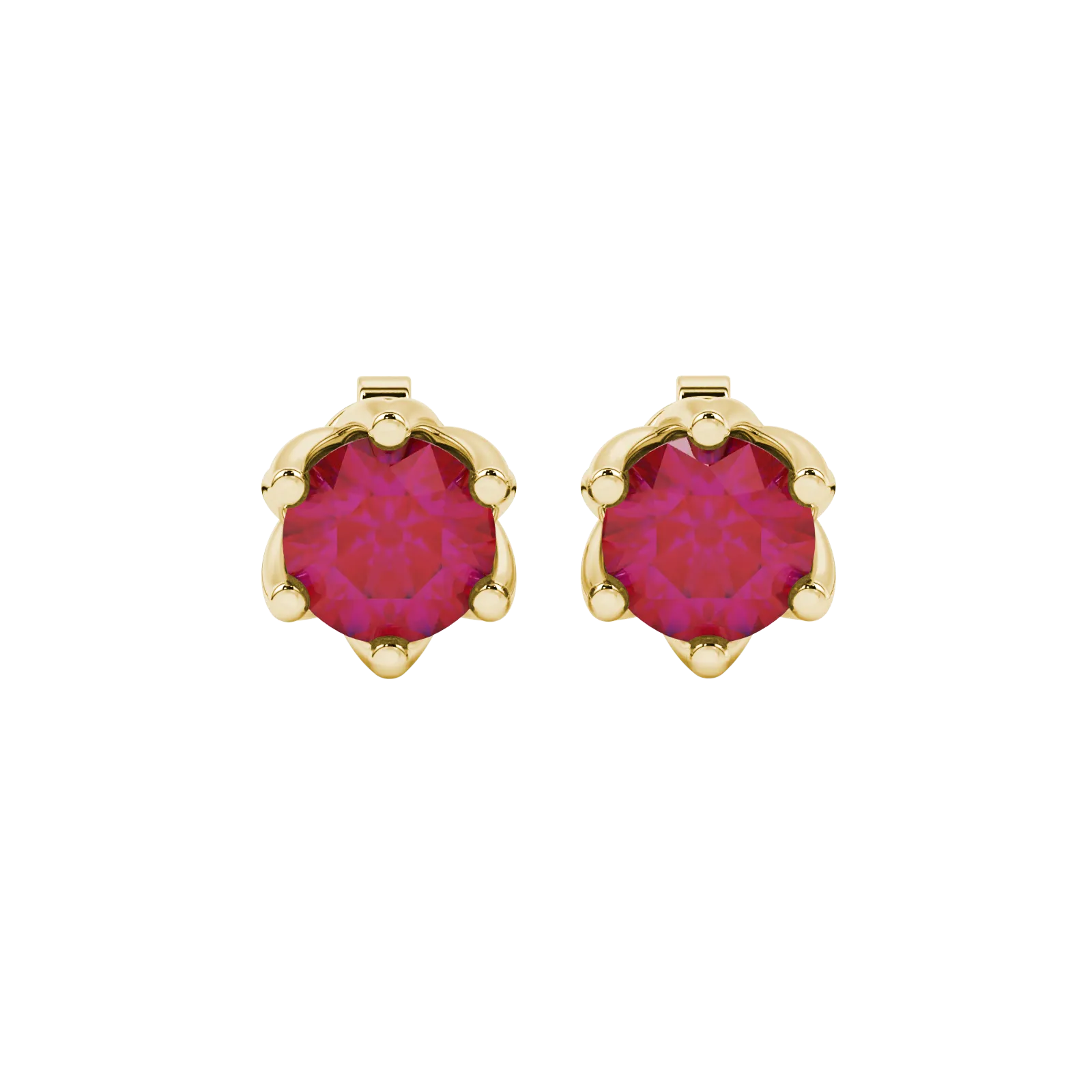 Round-cut raspberry red gemstone stud earrings in a yellow gold scalloped six-prong setting