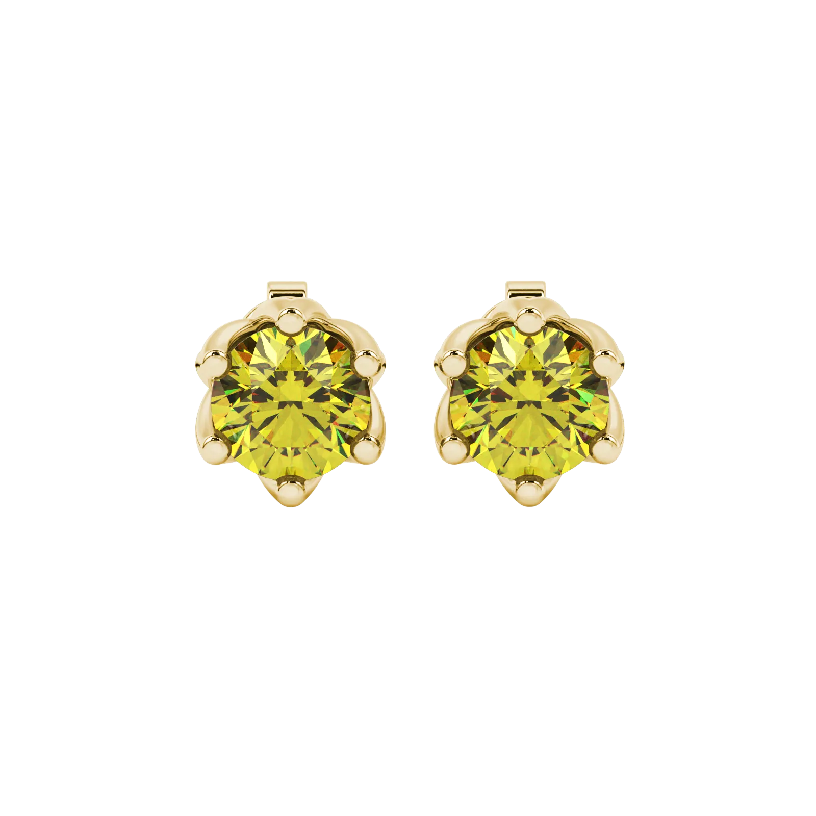 Round-cut canary yellow gemstone stud earrings in a yellow gold scalloped six-prong setting.