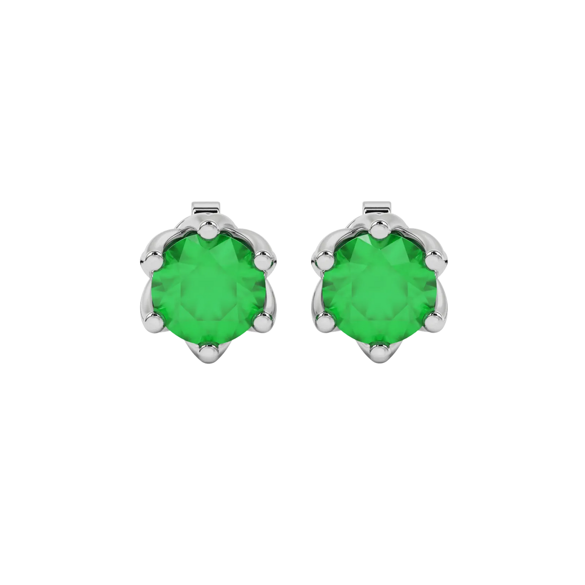 Round-cut emerald green gemstone stud earrings in a white gold scalloped six-prong setting.