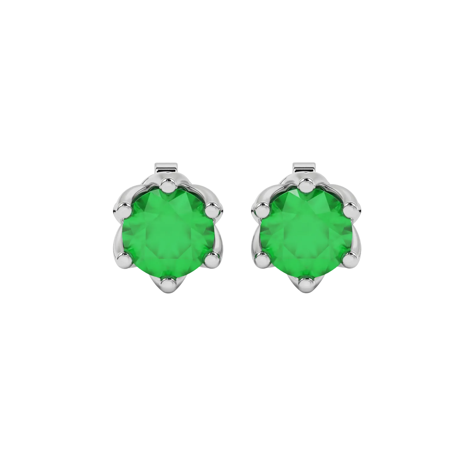 Round-cut emerald green gemstone stud earrings in a white gold scalloped six-prong setting.