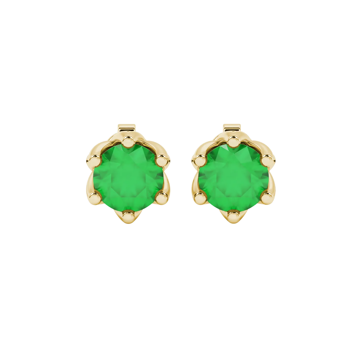 Round-cut emerald green gemstone stud earrings in a yellow gold scalloped six-prong setting