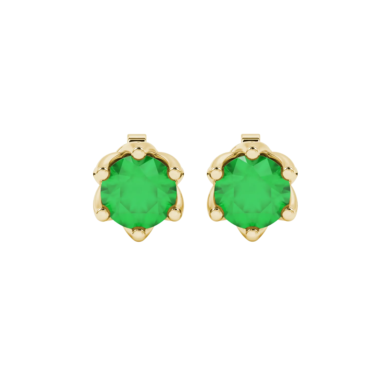 Round-cut emerald green gemstone stud earrings in a yellow gold scalloped six-prong setting