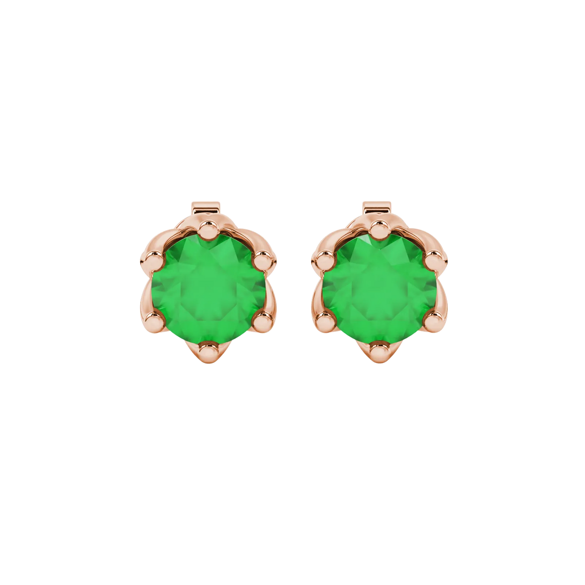 Round-cut emerald green gemstone stud earrings in a rose gold scalloped six-prong setting.