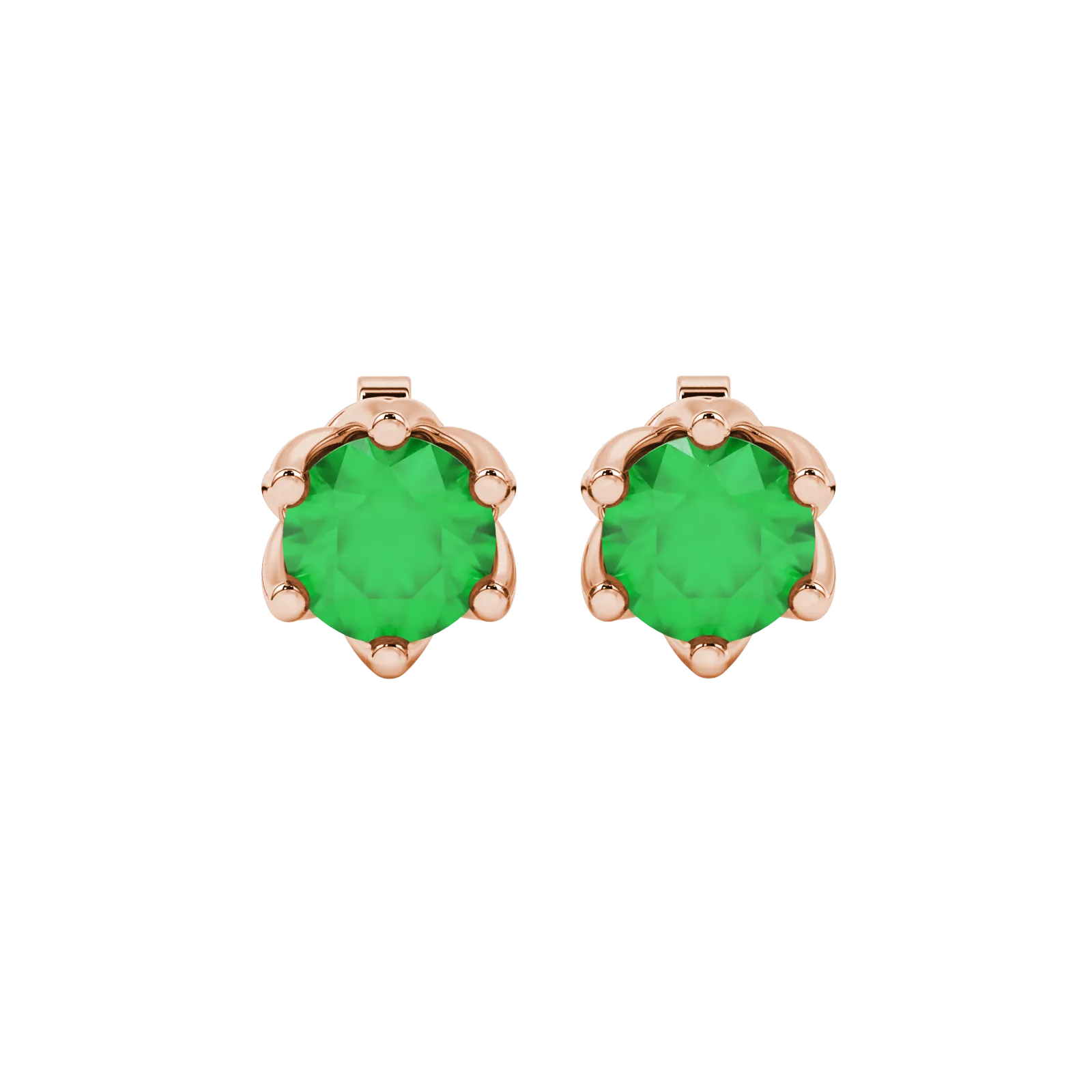 Round-cut emerald green gemstone stud earrings in a rose gold scalloped six-prong setting.