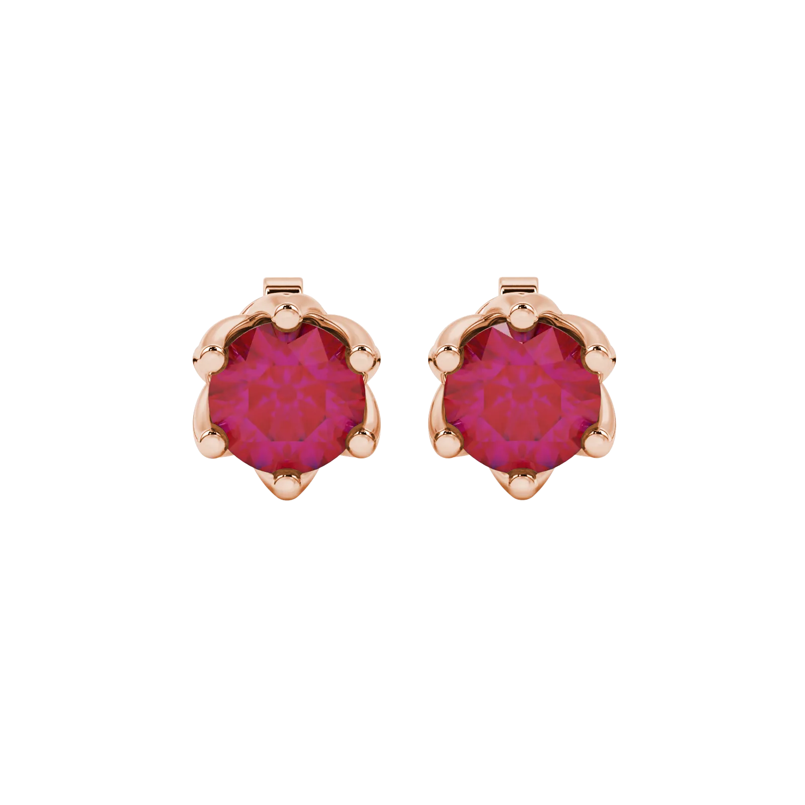 Round-cut raspberry red gemstone stud earrings in a rose gold scalloped six-prong setting.