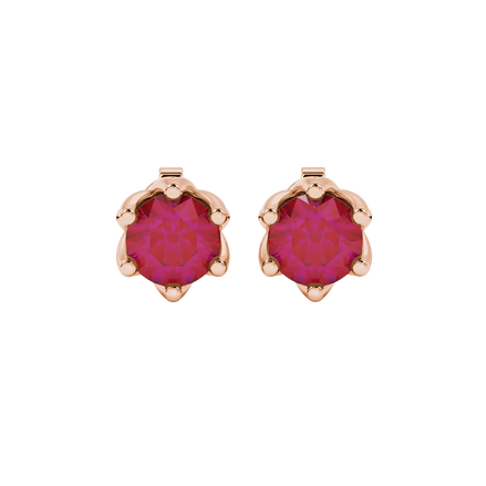 Round-cut raspberry red gemstone stud earrings in a rose gold scalloped six-prong setting.