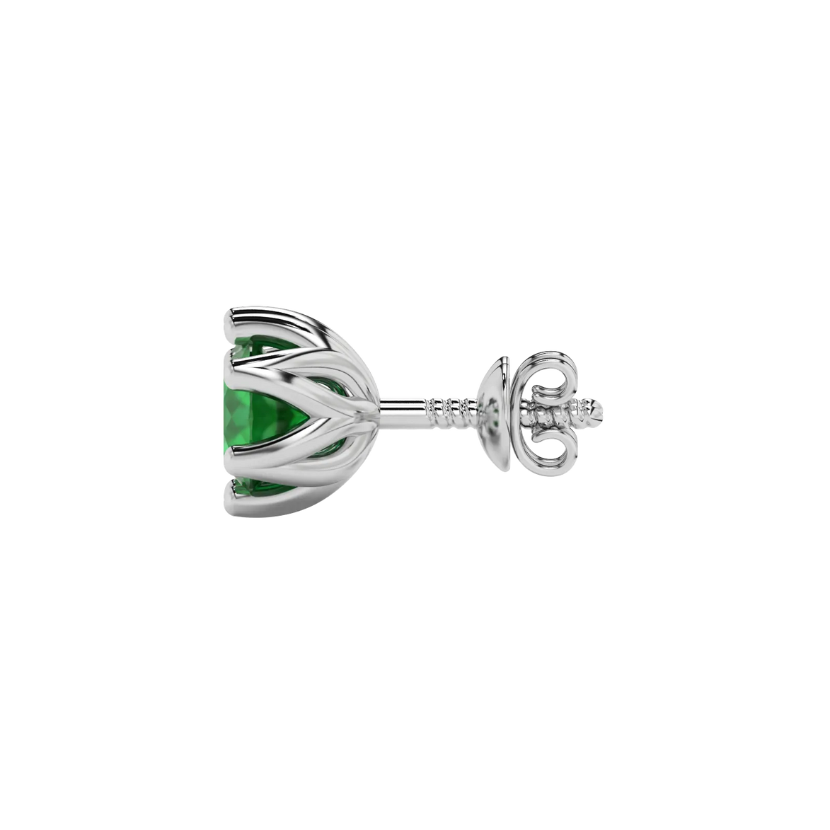 Side view of white gold emerald green gemstone stud earrings featuring a clean scalloped six-prong gallery.