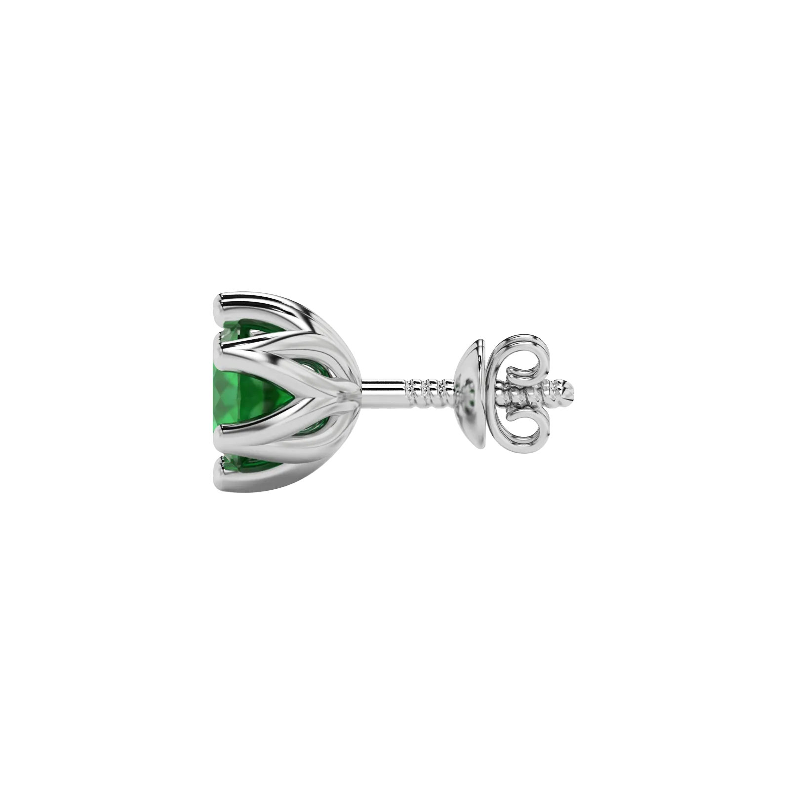 Side view of white gold emerald green gemstone stud earrings featuring a clean scalloped six-prong gallery.