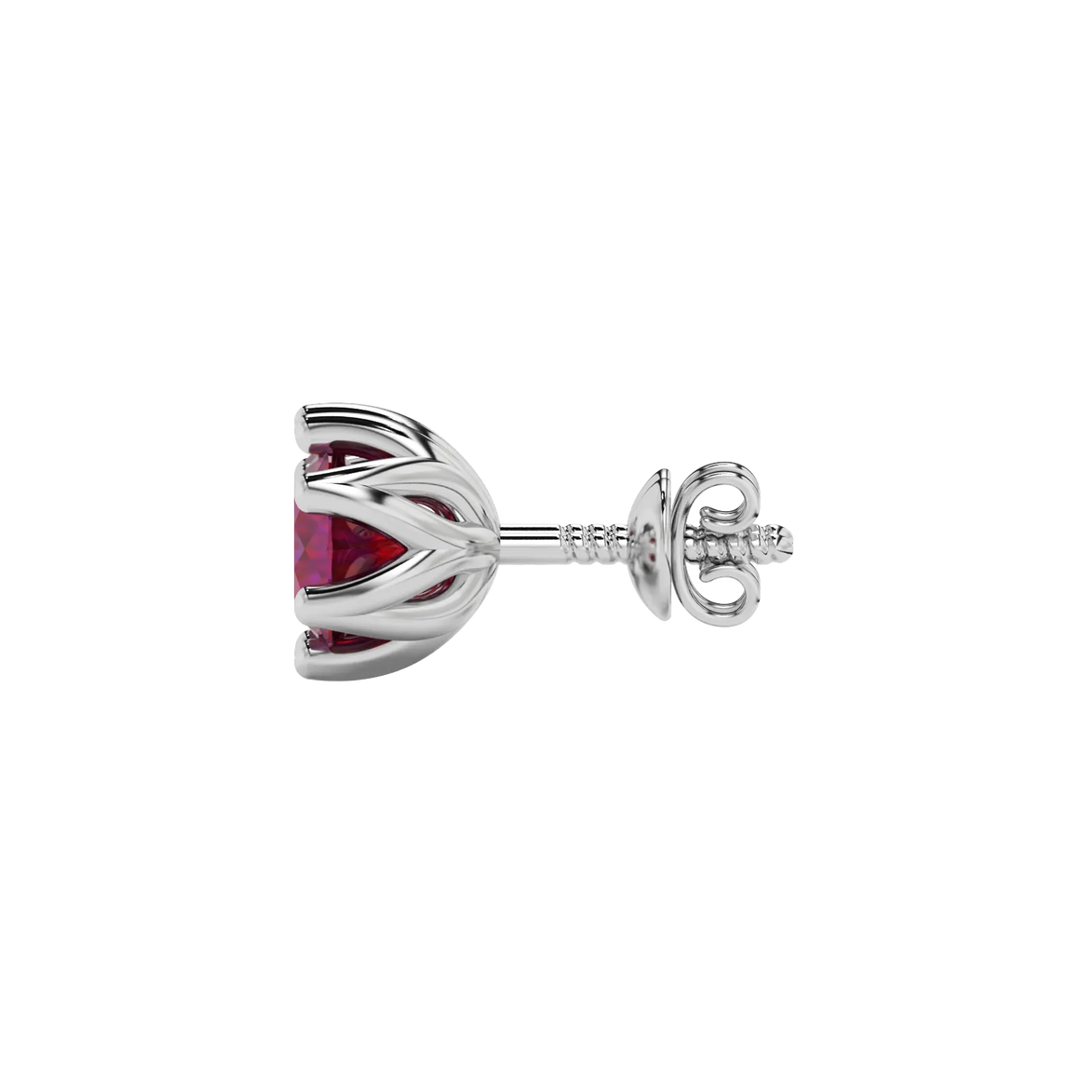 Side angle of white gold raspberry red gemstone stud earrings highlighting the scalloped six-prong details