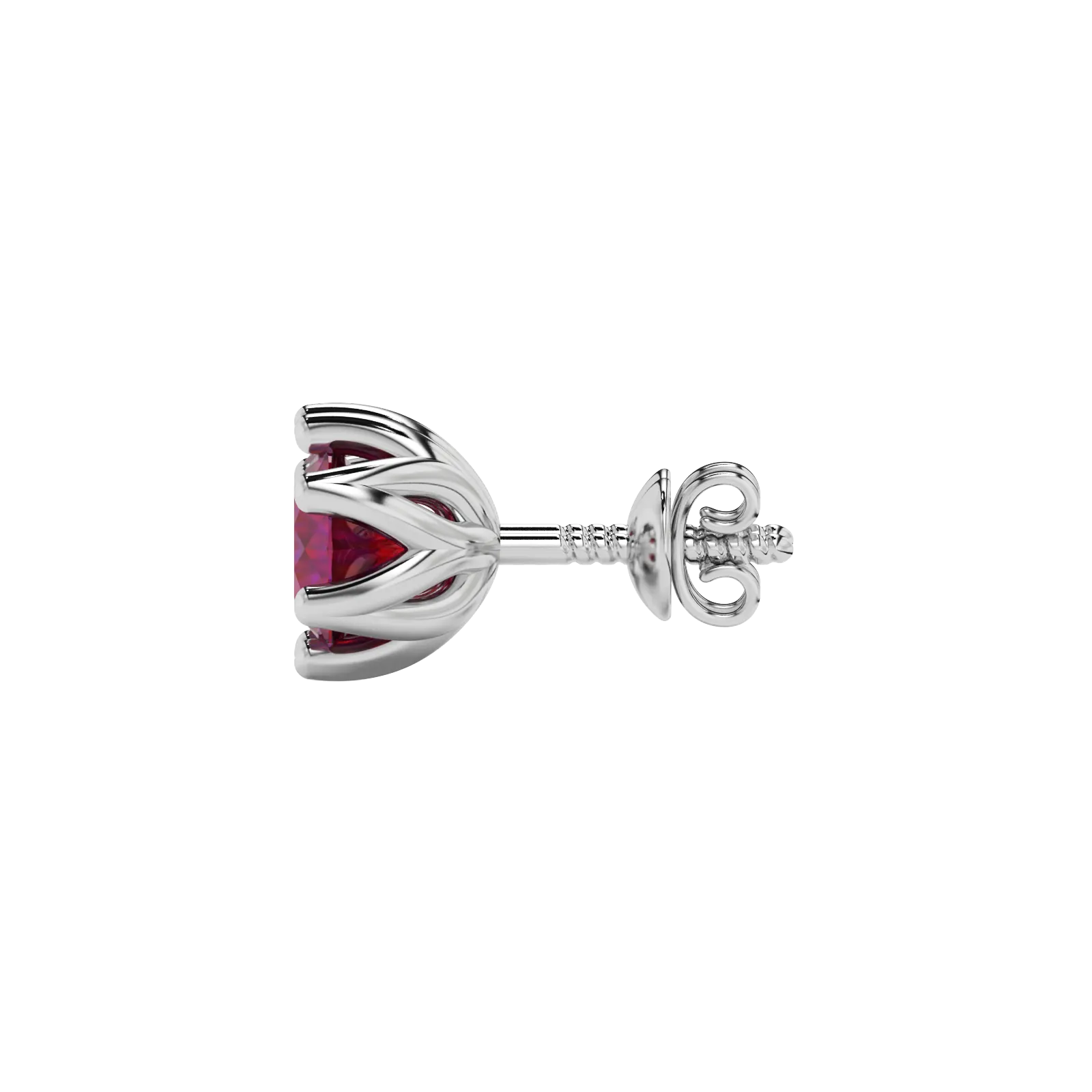 Side angle of white gold raspberry red gemstone stud earrings highlighting the scalloped six-prong details