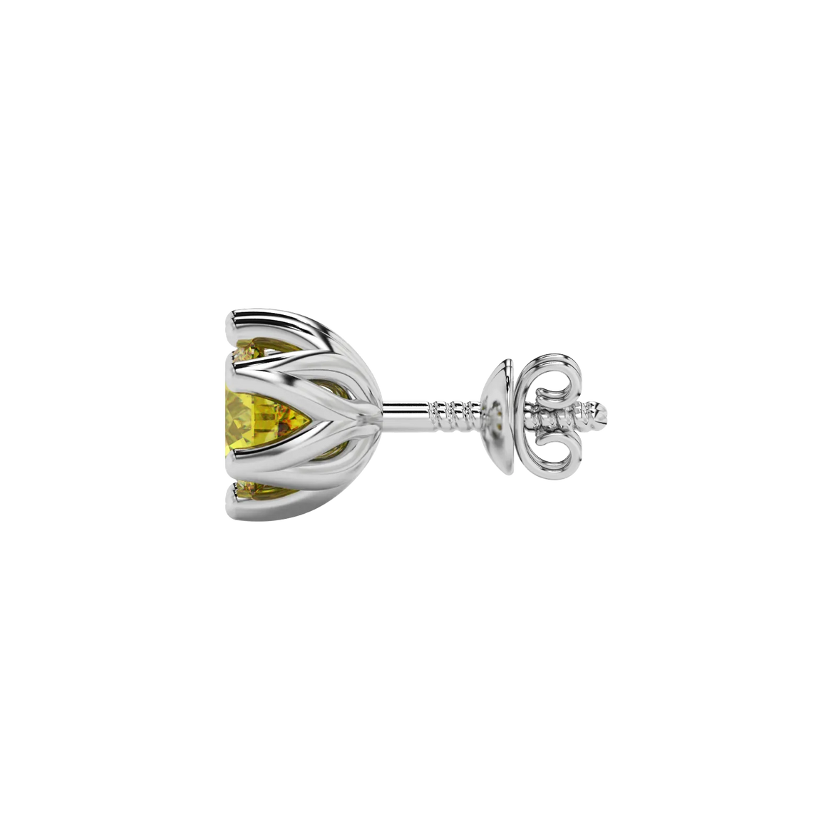 Side profile of white gold canary yellow gemstone earrings showing the scalloped six-prong design.