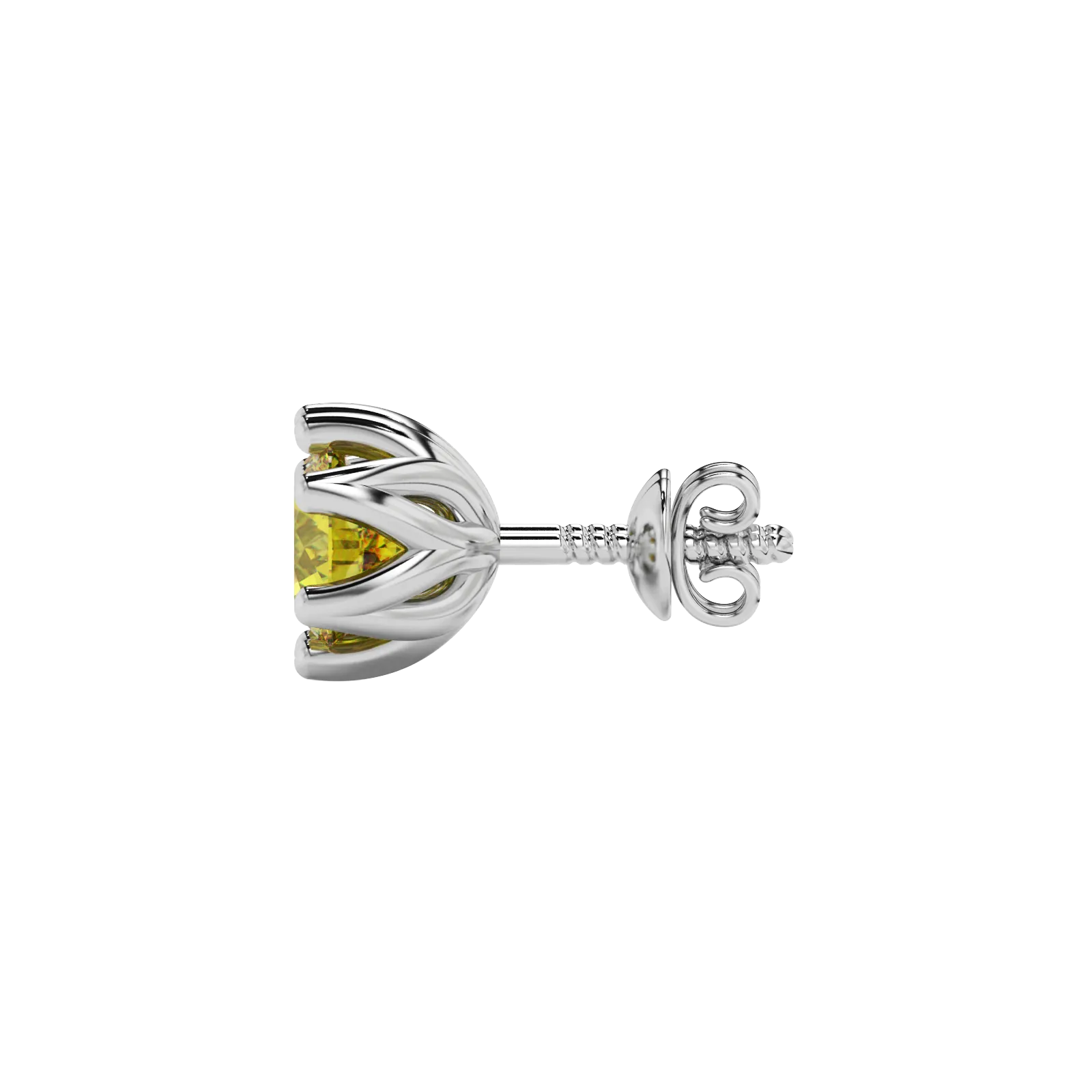 Side profile of white gold canary yellow gemstone earrings showing the scalloped six-prong design.