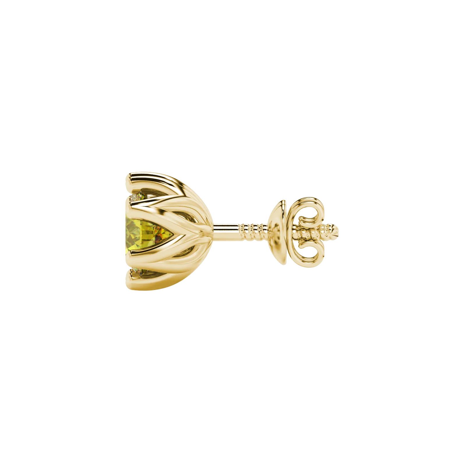 Side angle of yellow gold canary yellow gemstone stud earrings displaying the scalloped six-prong setting.