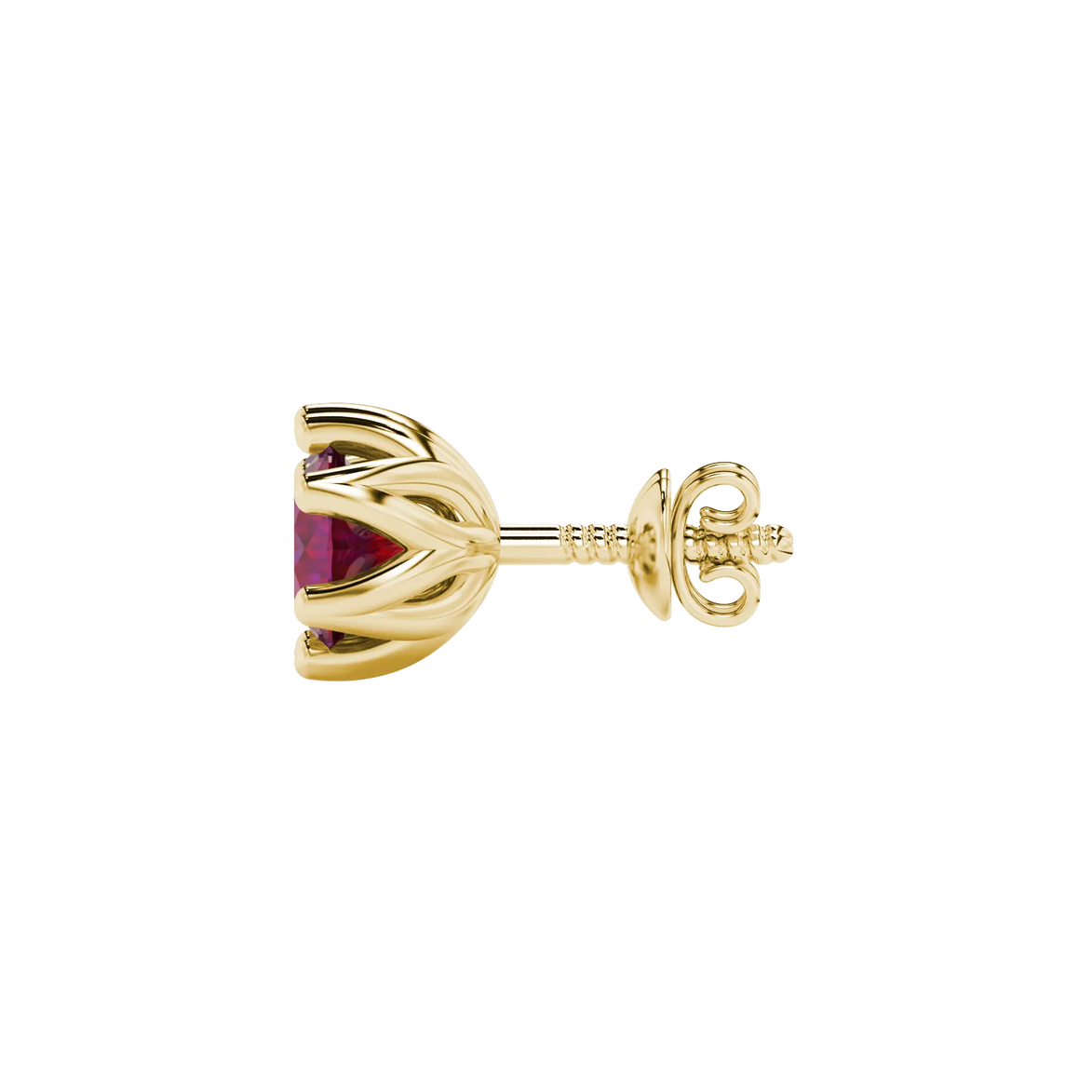 Side view of yellow gold raspberry red gemstone stud earrings with a detailed scalloped six-prong design.
