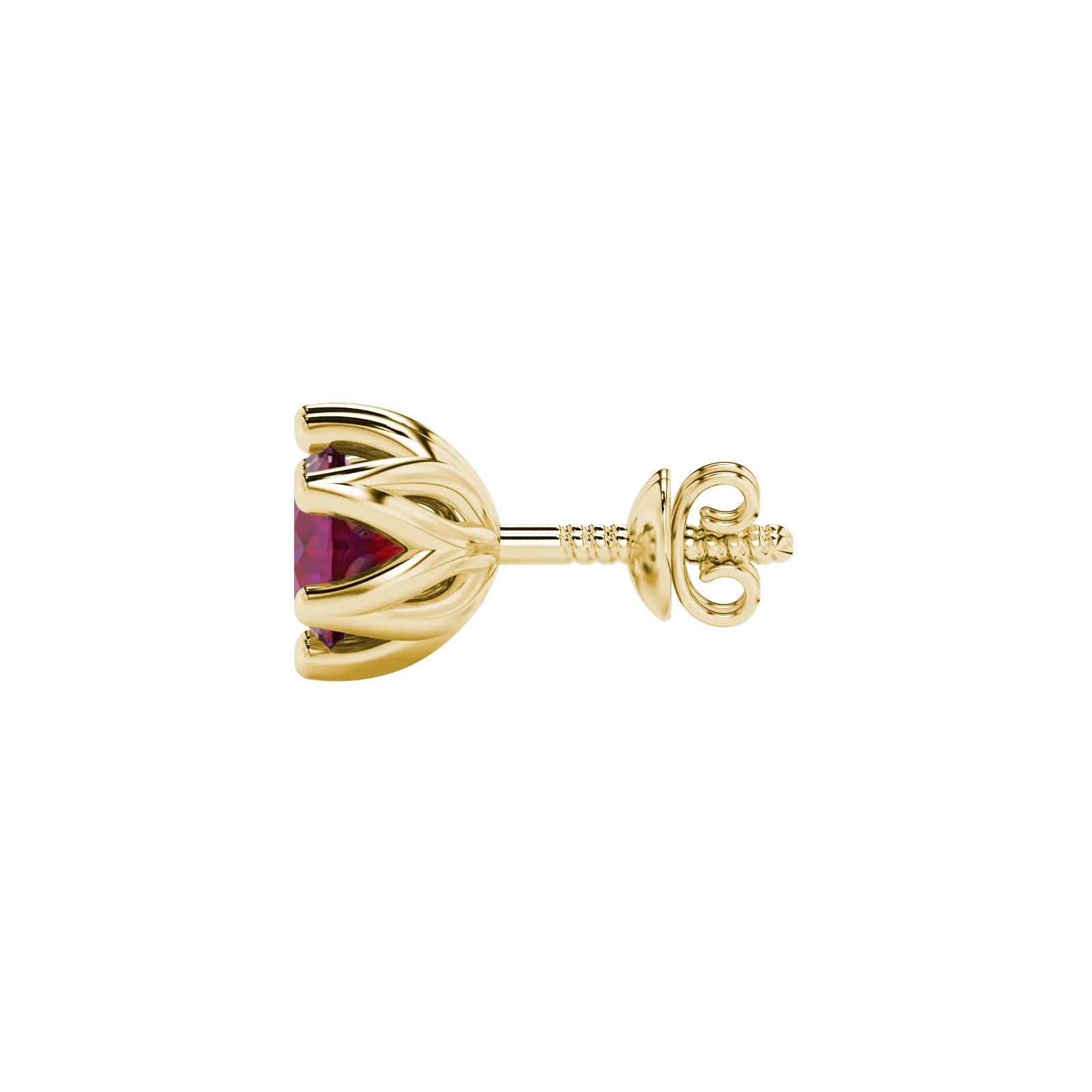 Side view of yellow gold raspberry red gemstone stud earrings with a detailed scalloped six-prong design.