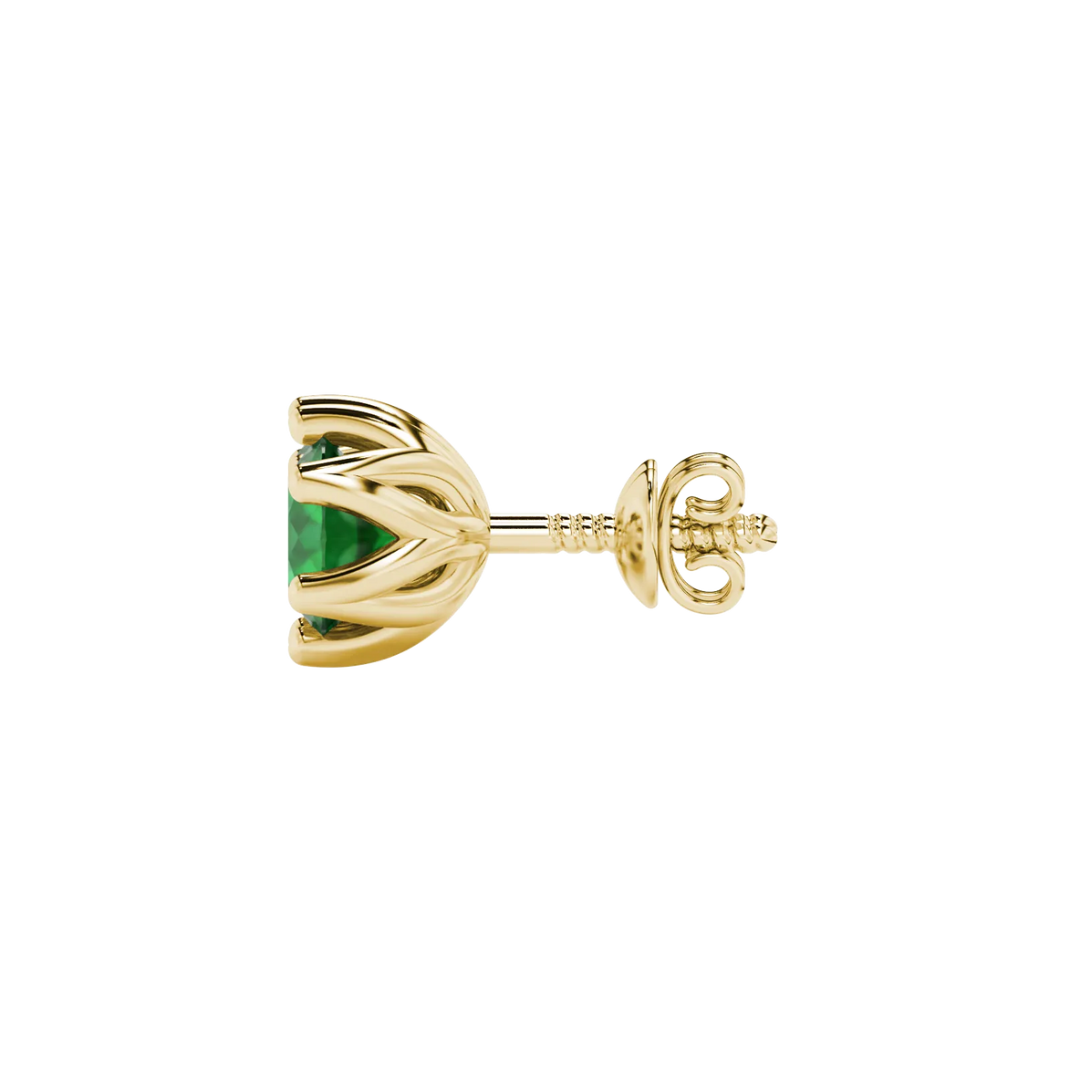 Side profile of yellow gold emerald green gemstone stud earrings with a scalloped six-prong design.
