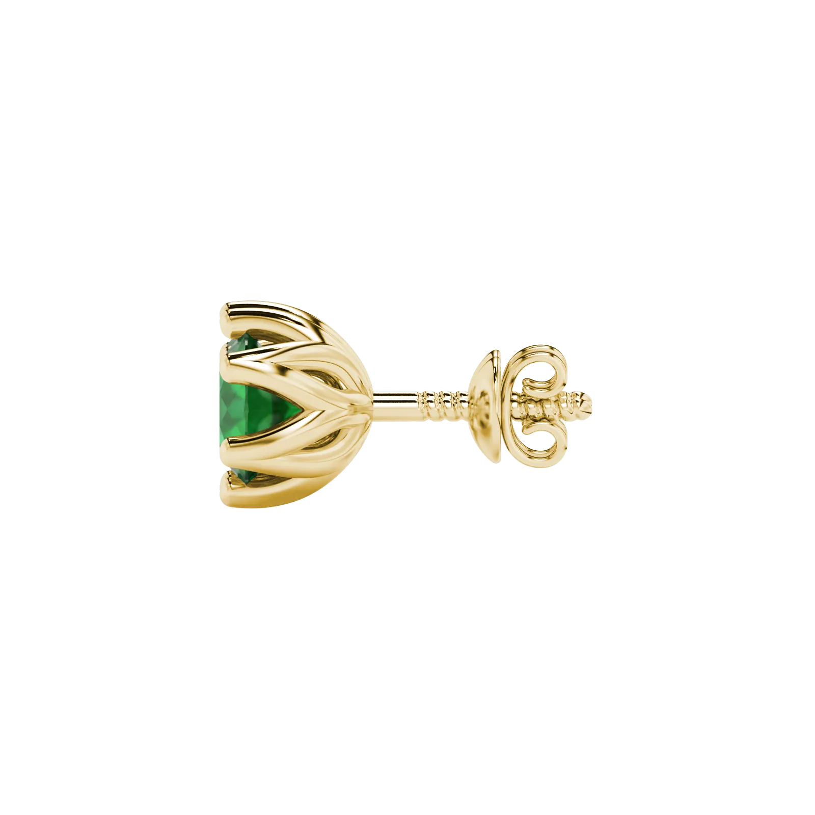 Side profile of yellow gold emerald green gemstone stud earrings with a scalloped six-prong design.
