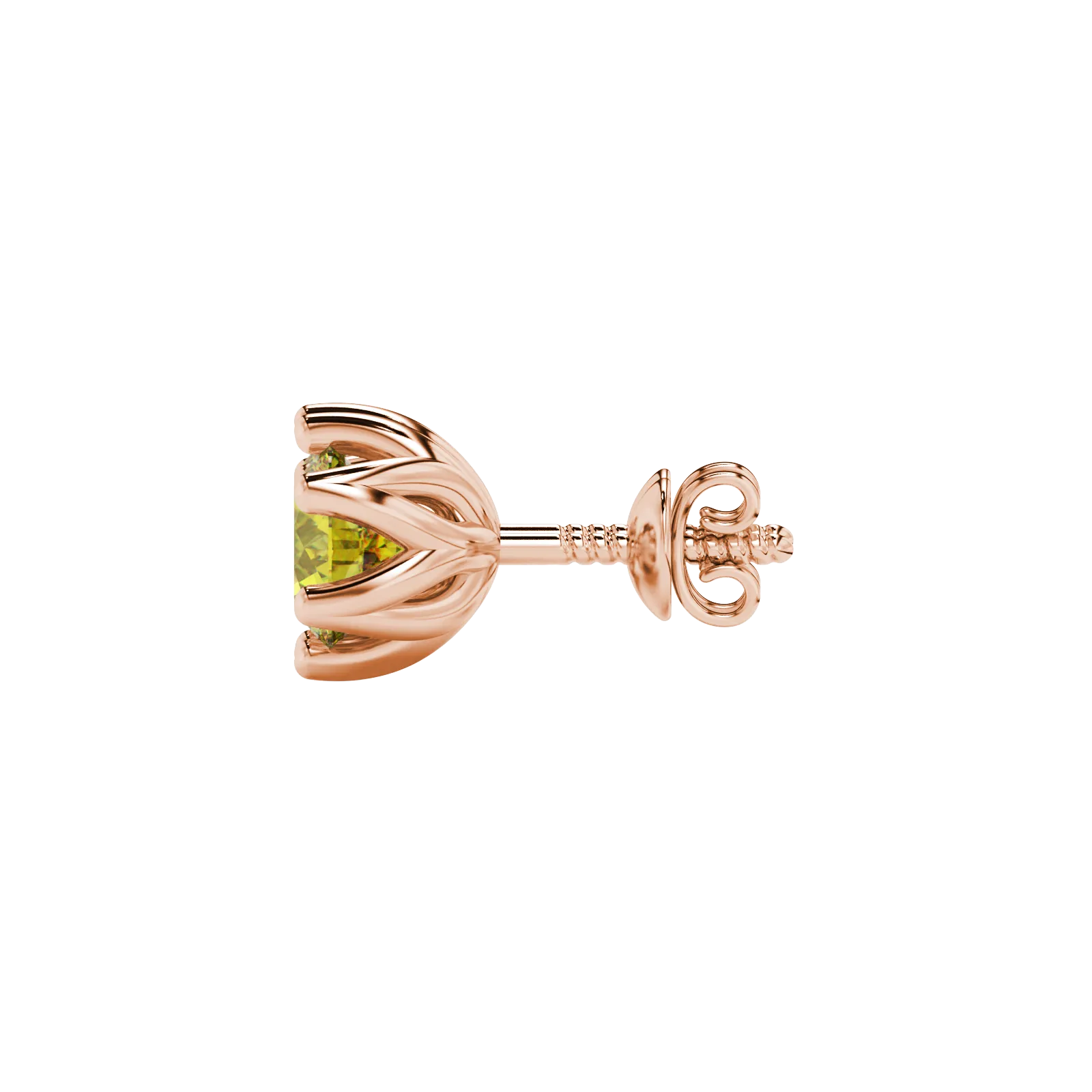Side view of rose gold canary yellow gemstone stud earrings highlighting the scalloped six-prong detail.