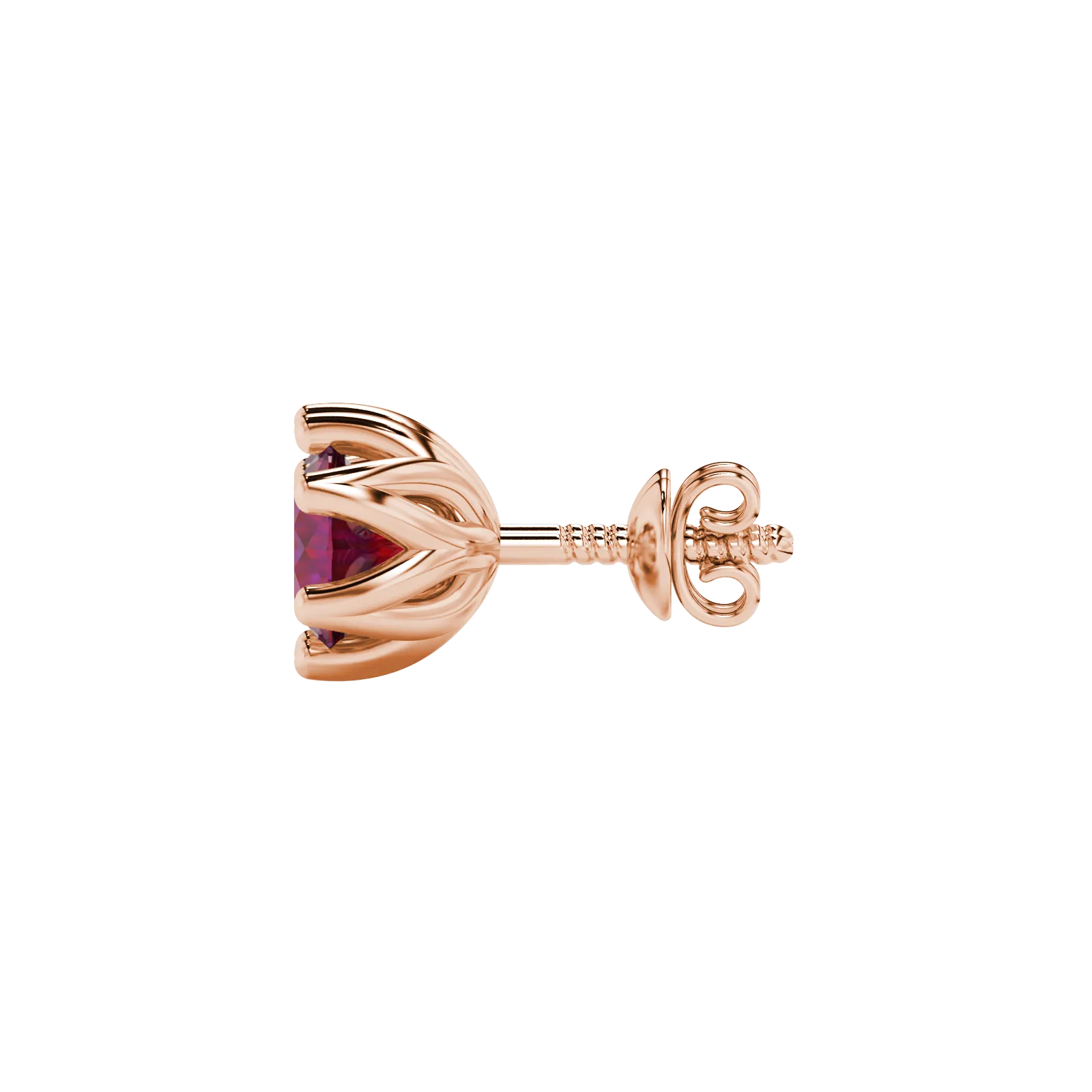 Side profile of rose gold raspberry red gemstone stud earrings showcasing the scalloped six-prong gallery.