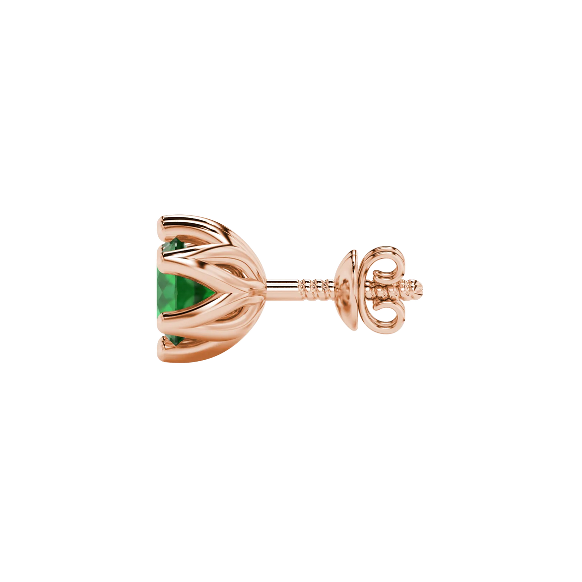 Side angle of rose gold emerald green gemstone earrings showcasing the scalloped six-prong setting.