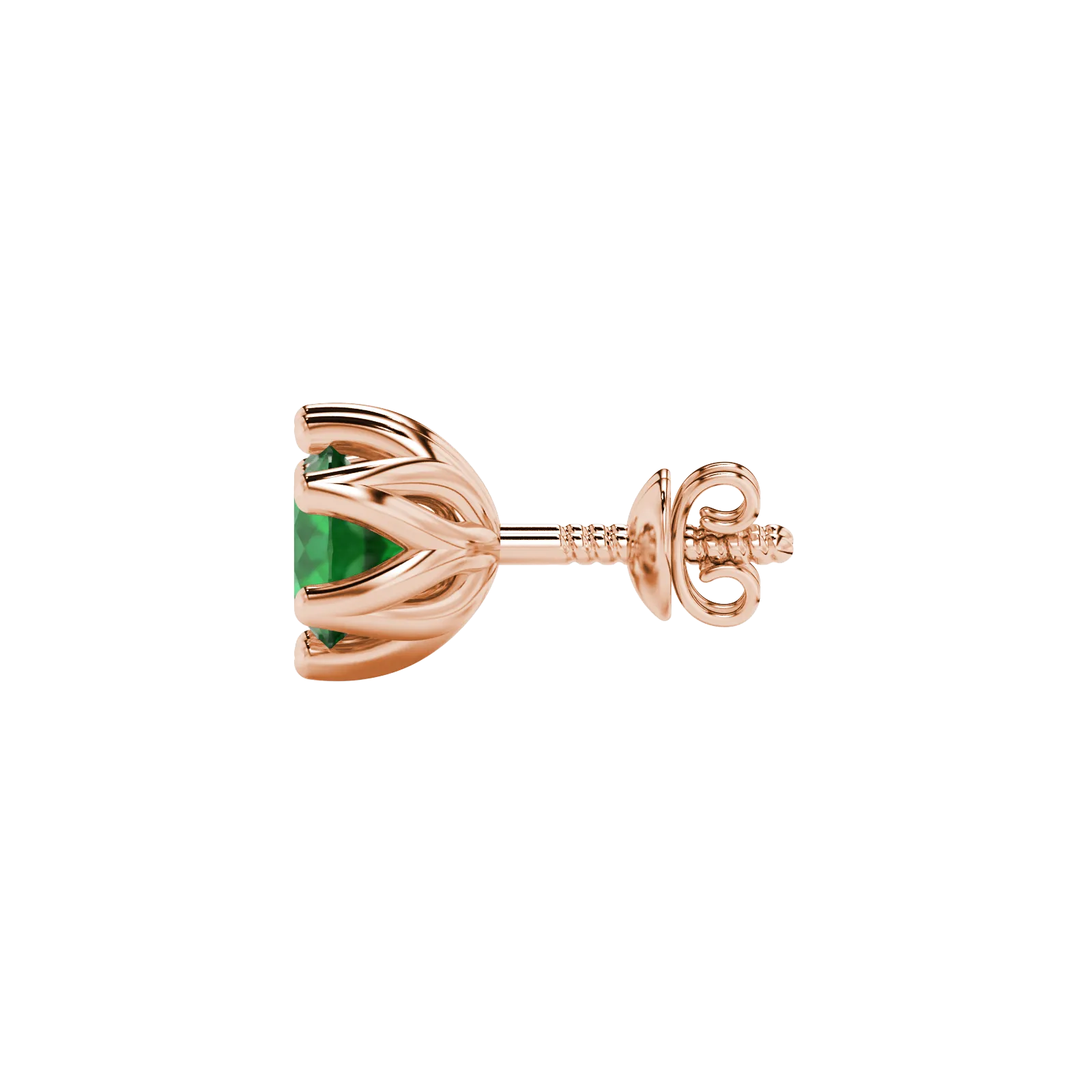Side angle of rose gold emerald green gemstone earrings showcasing the scalloped six-prong setting.