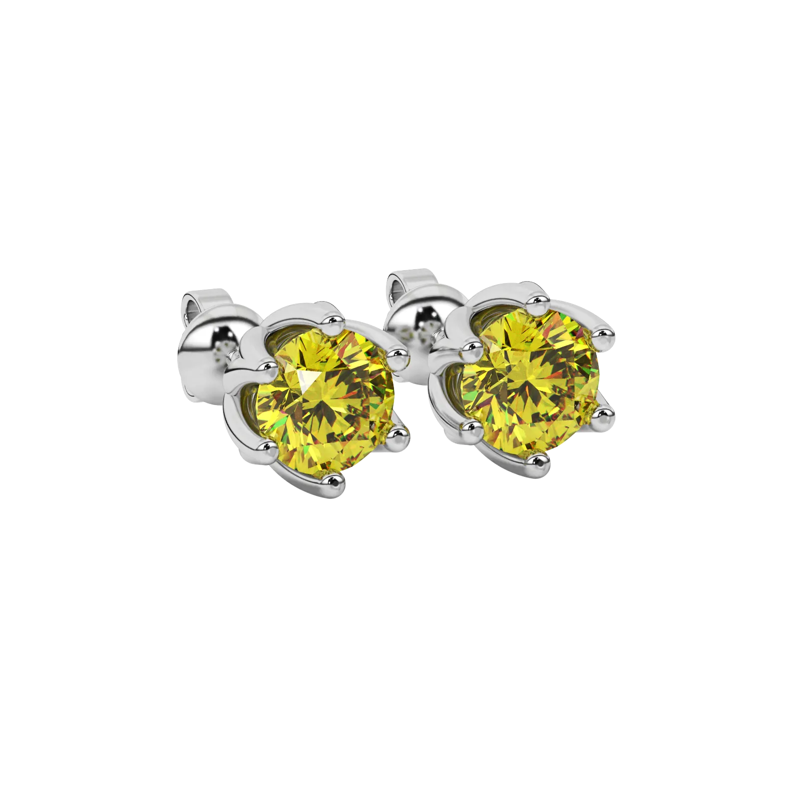 Close-up shot of a round-cut canary yellow gemstone in a white gold scalloped six-prong setting.
