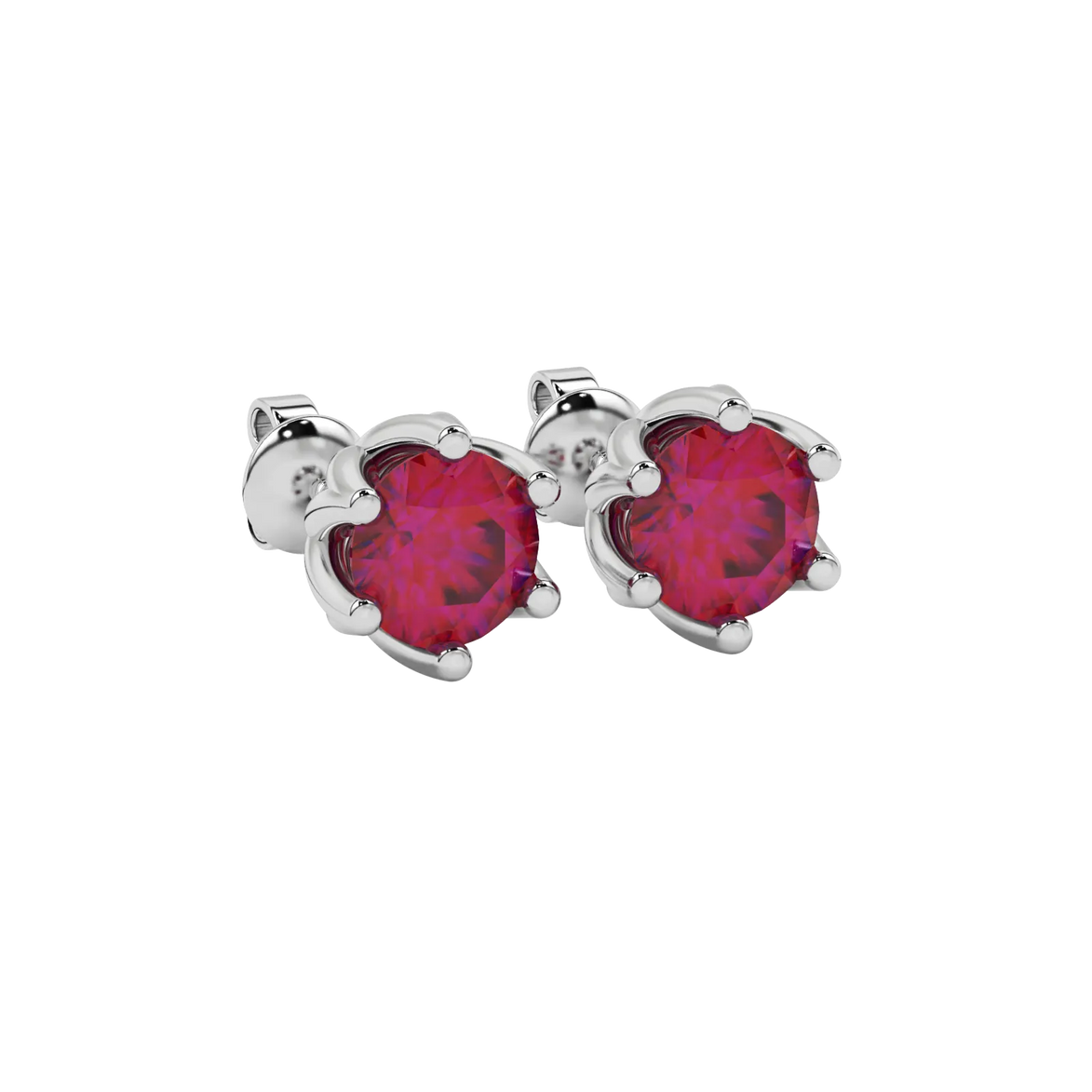 Close-up details of a round raspberry red gemstone secured in a white gold scalloped six-prong setting.