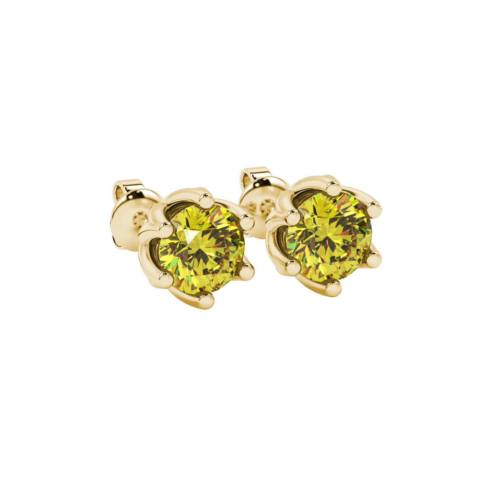 close-up of a round canary yellow gemstone secured in a yellow gold scalloped six-prong setting.