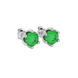 close-up of a round emerald green gemstone enclosed in a white gold scalloped six-prong setting.