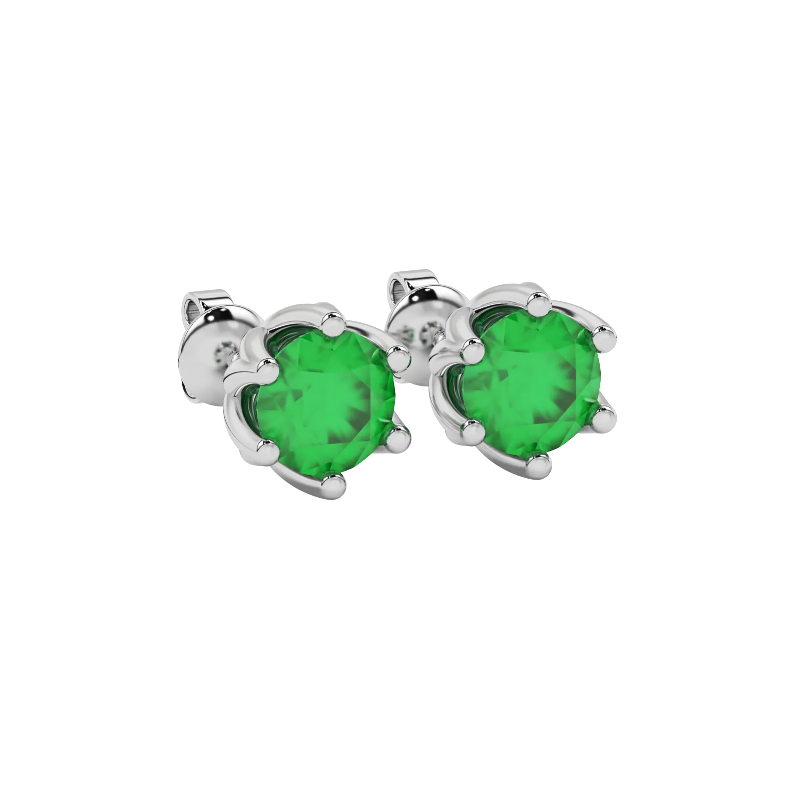 close-up of a round emerald green gemstone enclosed in a white gold scalloped six-prong setting.