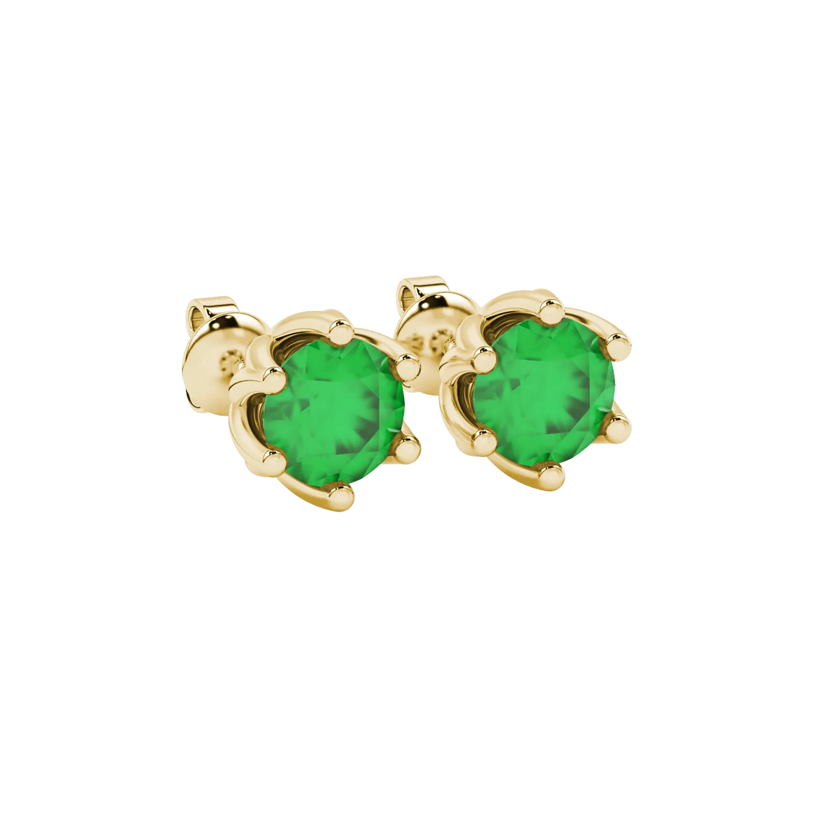 Close-up details of a round-cut emerald green gemstone in a yellow gold scalloped six-prong setting.