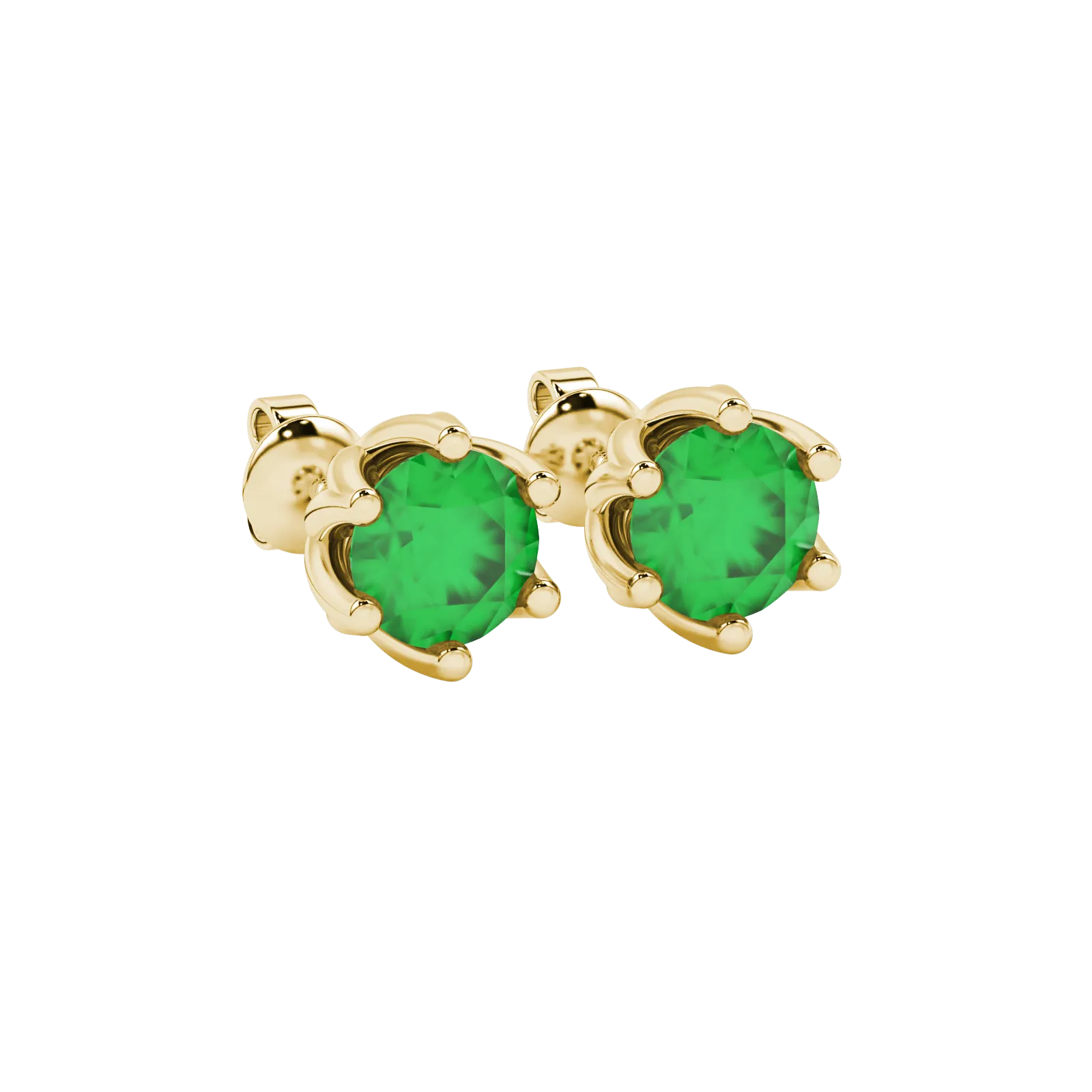 Close-up details of a round-cut emerald green gemstone in a yellow gold scalloped six-prong setting.