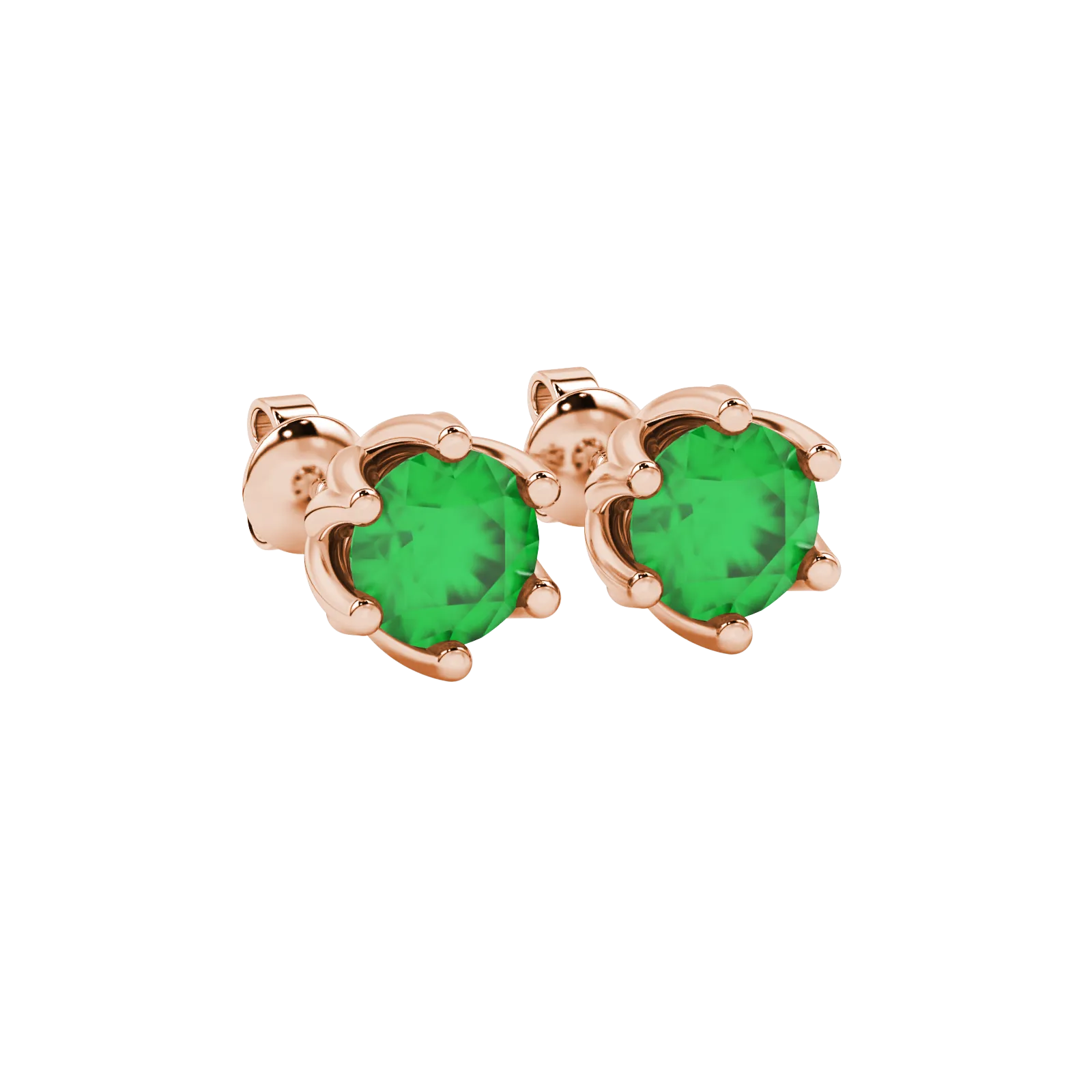 Close-up macro shot of a round emerald green gemstone earring with a rose gold scalloped six-prong design