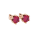 close-up shot of round raspberry red gemstone earrings with a rose gold scalloped six-prong design.
