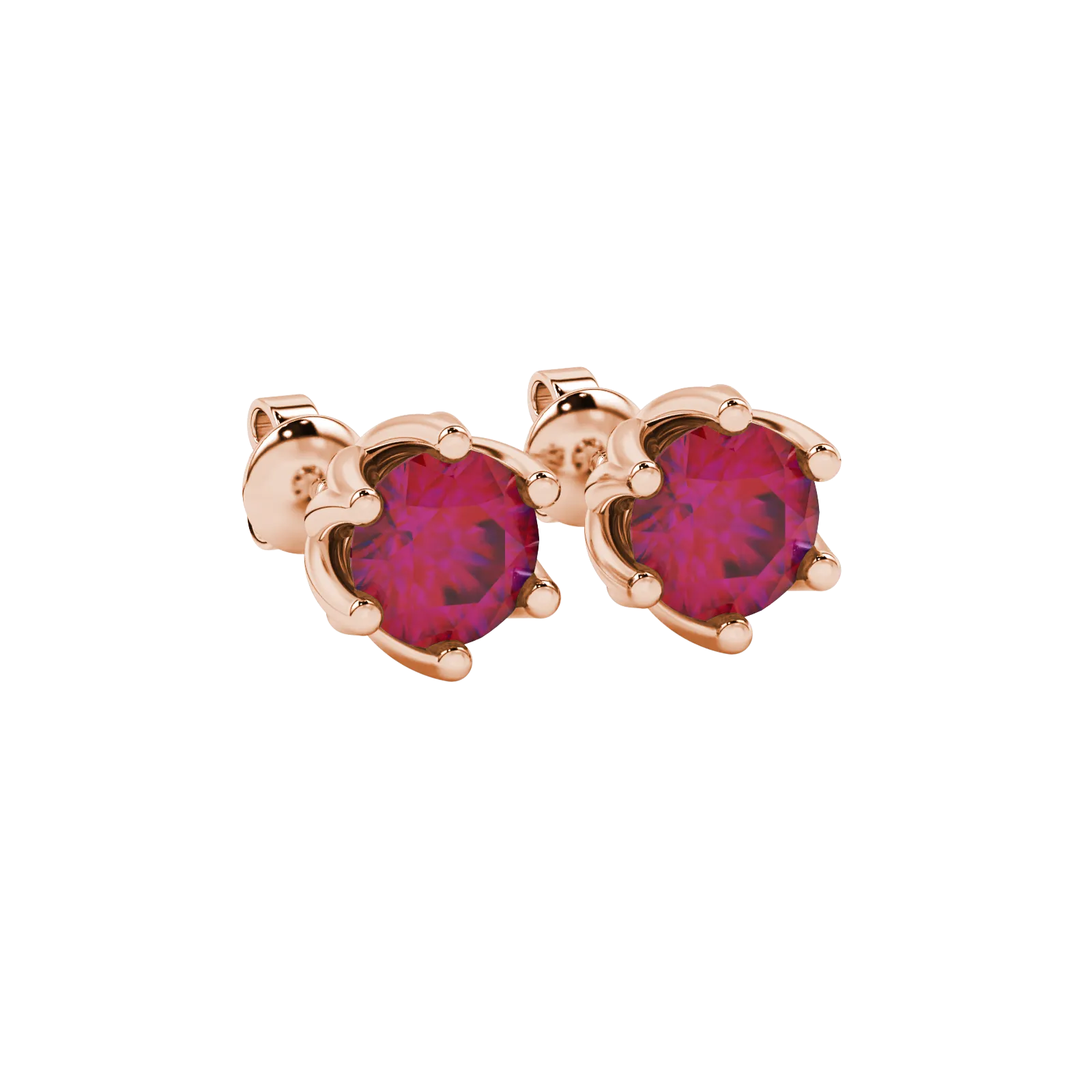 close-up shot of round raspberry red gemstone earrings with a rose gold scalloped six-prong design.