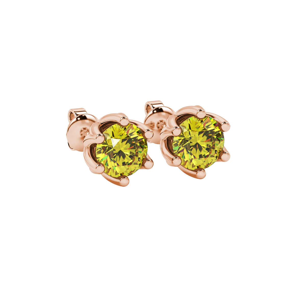 close-up of a round canary yellow gemstone with an intricate rose gold scalloped six-prong setting.