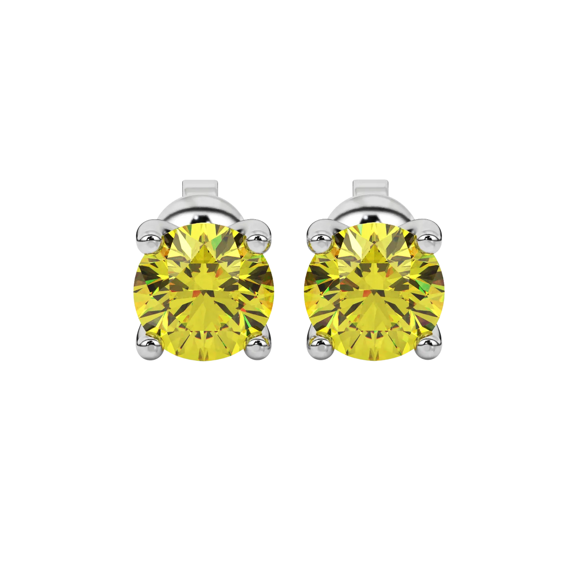 Round-cut canary yellow gemstone stud earrings in a white gold surprise diamond setting