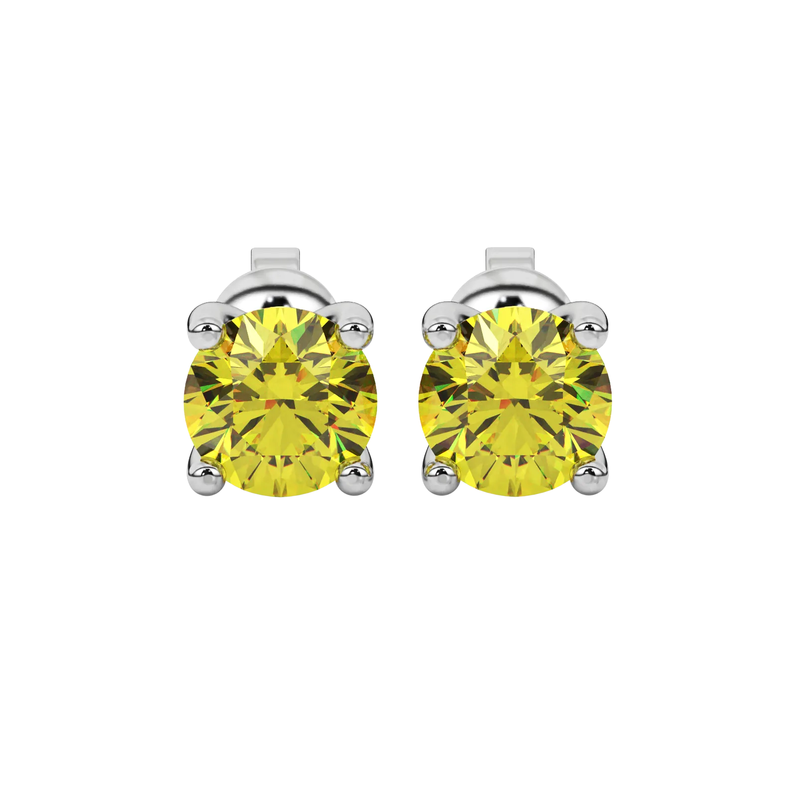 Round-cut canary yellow gemstone stud earrings in a white gold surprise diamond setting