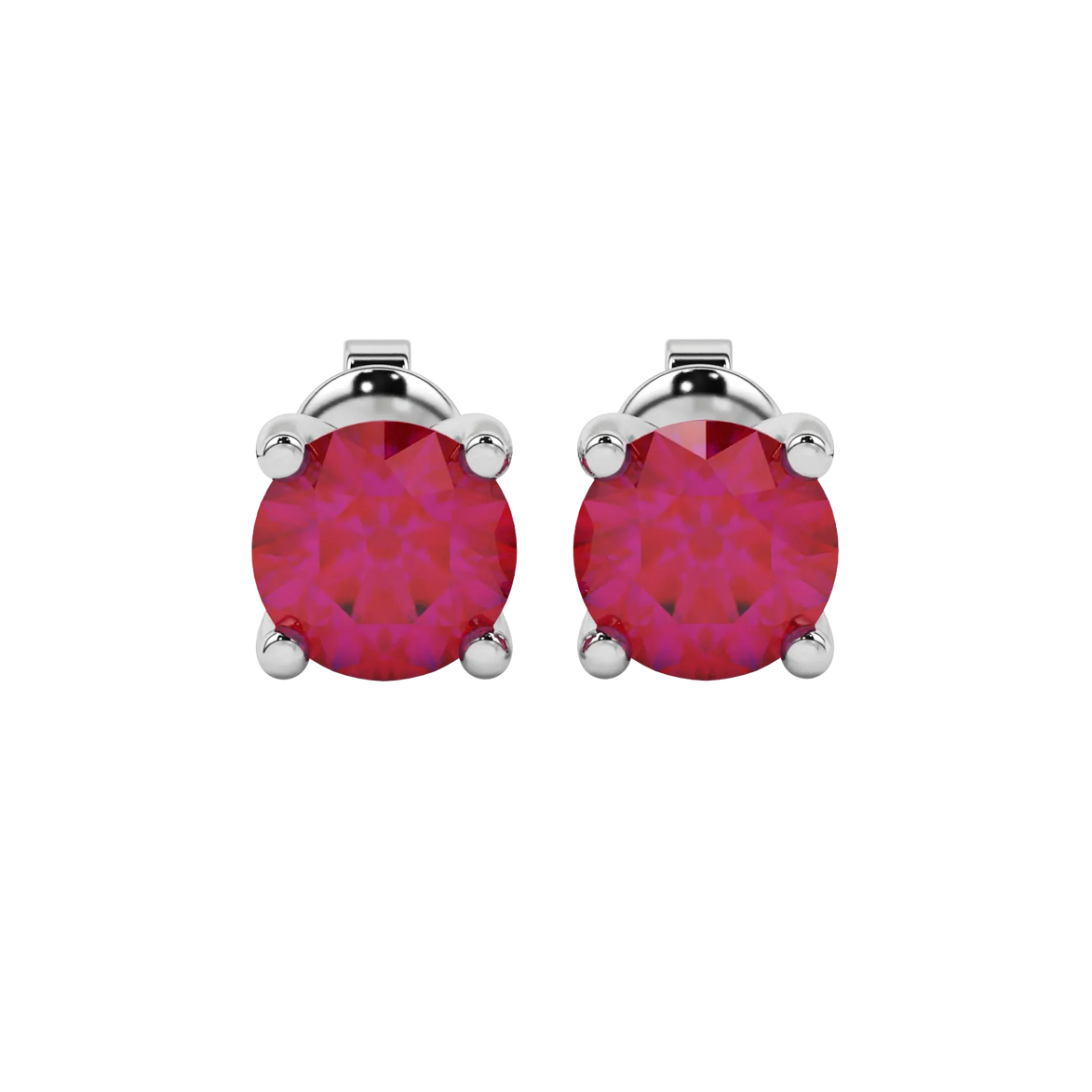 Round-cut raspberry red gemstone stud earrings in a white gold surprise diamond setting.