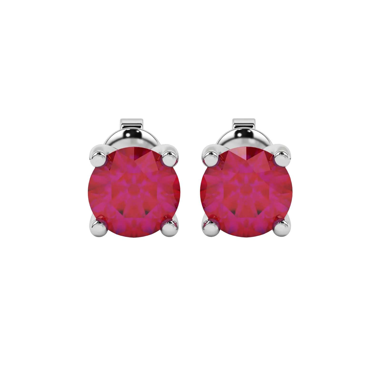 Round-cut raspberry red gemstone stud earrings in a white gold surprise diamond setting.