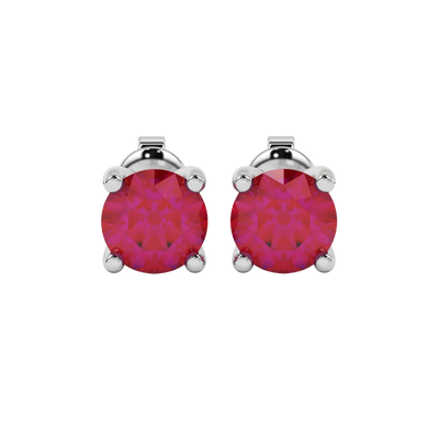 Round-cut raspberry red gemstone stud earrings in a white gold surprise diamond setting.