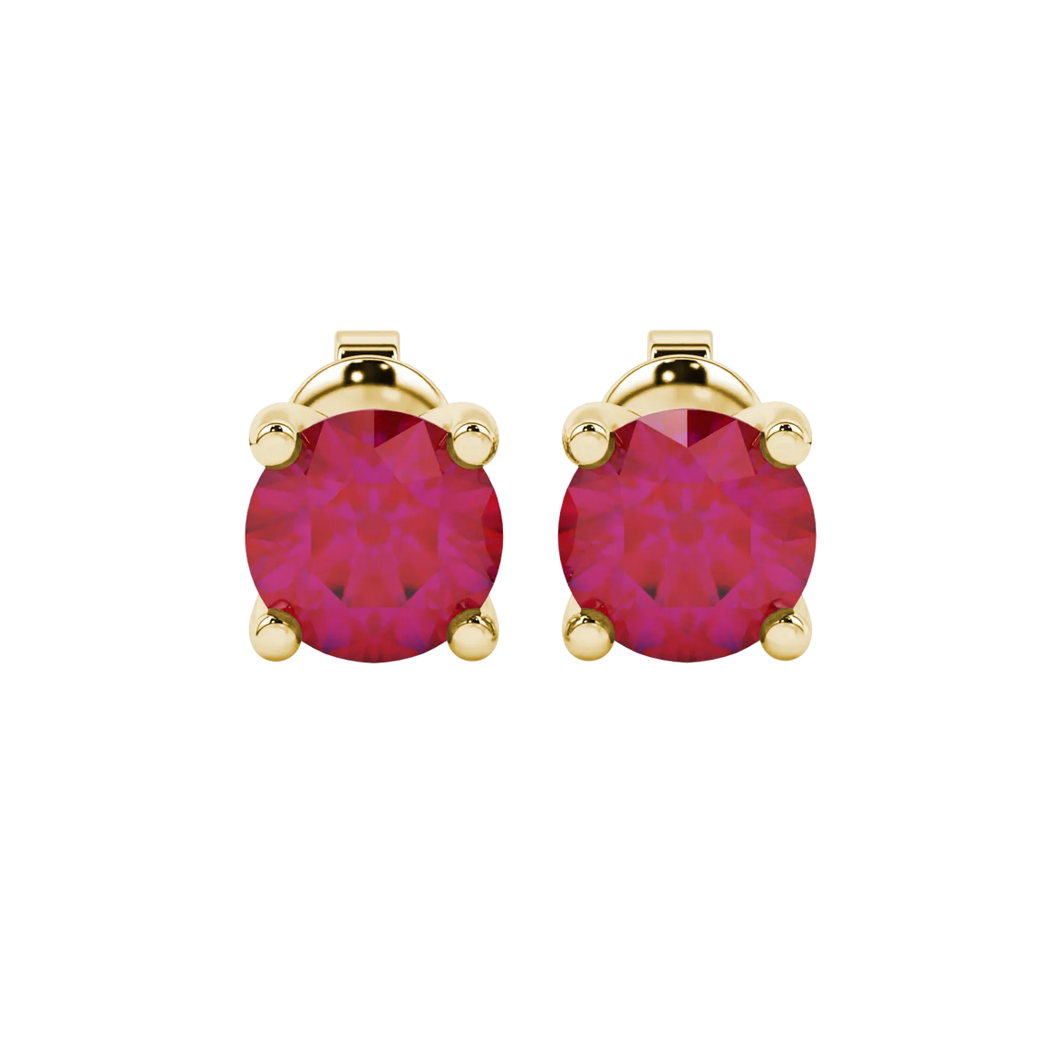 Round-cut raspberry red gemstone stud earrings in a yellow gold surprise diamond setting.